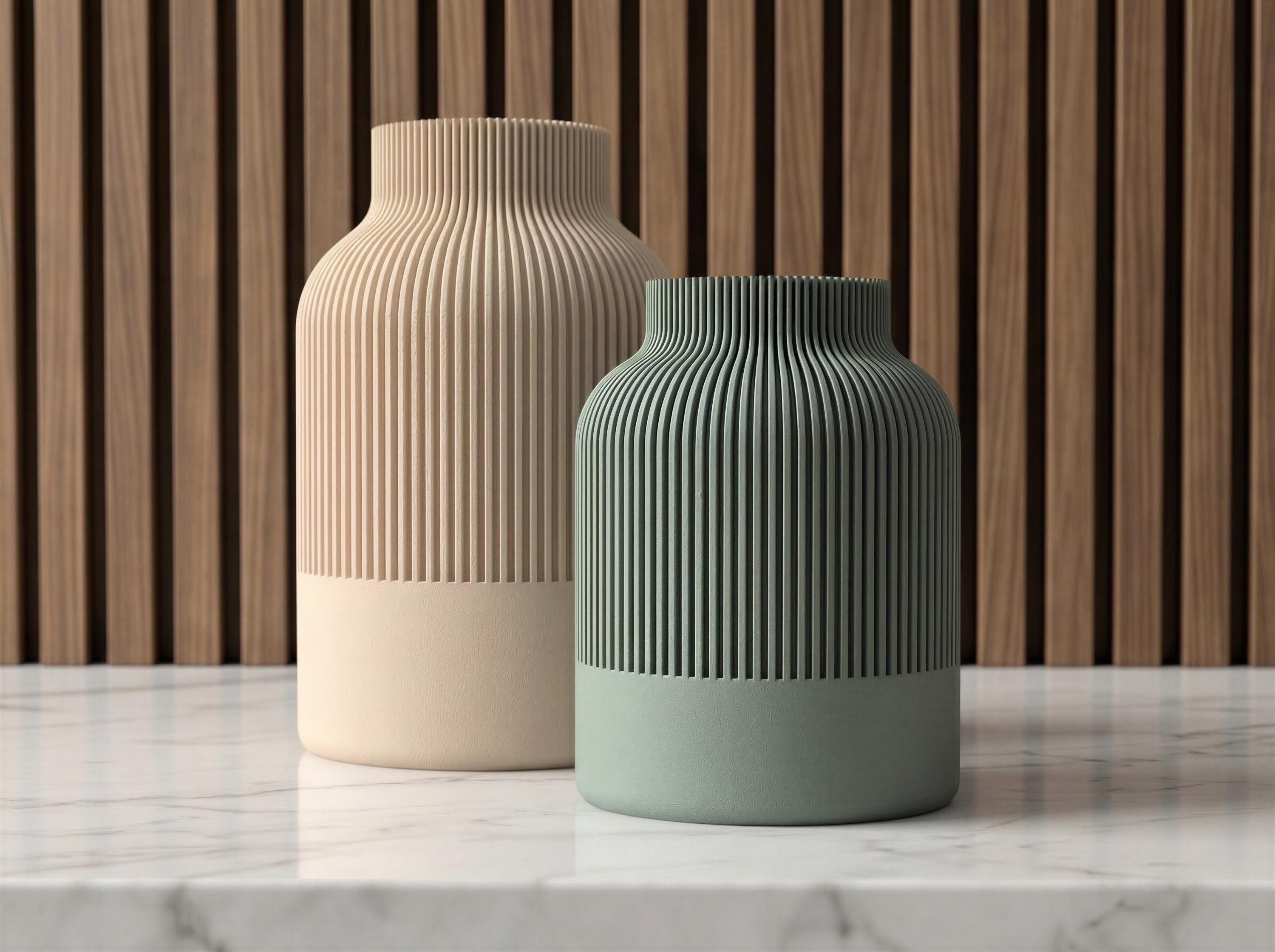 Japandi Vase Set of 2 – Neutral Ribbed Shelf Decor – Minimalist Coffee Table Accent